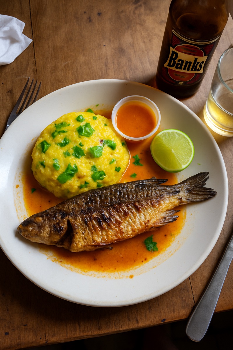 Pez volador y cou-cou, a traditional dish from Barbados