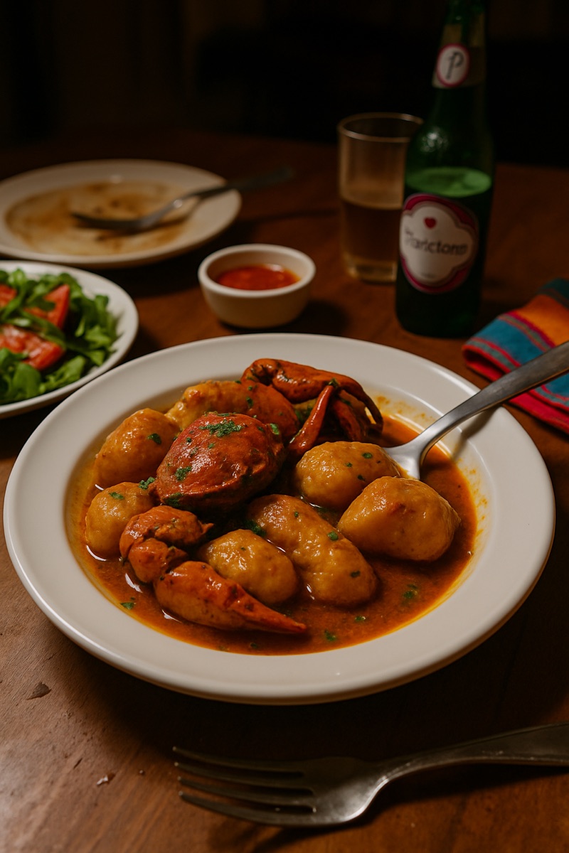 Cangrejo con dumplings, a traditional dish from Dominica