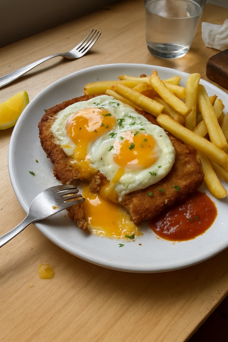 Milanesa a caballo, a traditional dish from Uruguay